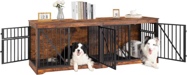 76.4" Dog Crate Furniture with Divider for 2 Dogs, Large Dog Kennel Indoor with Adjustable Door, Tray, Wood Dog Crate End Side Table for Small Medium Large Dog, Anti-Chew Anti-Escape, Brown - Image 9