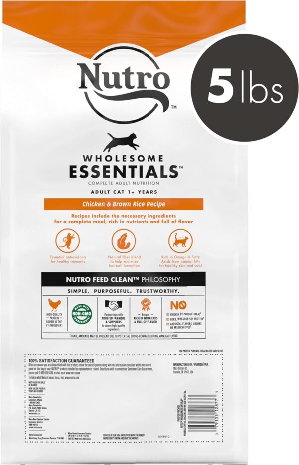 NUTRO WHOLESOME ESSENTIALS Natural Dry Cat Food, Hairball Control Adult Cat Chicken & Brown Rice Recipe Cat Kibble, 5 lb. Bag - Image 2