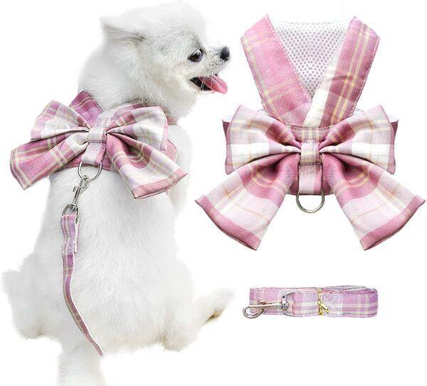 Dog Harness for Small Dogs with Bow Small Harness for Girl Dogs with D-Ring Soft Mesh Adjustable Harness Set Puppy Pet Harness and Leash