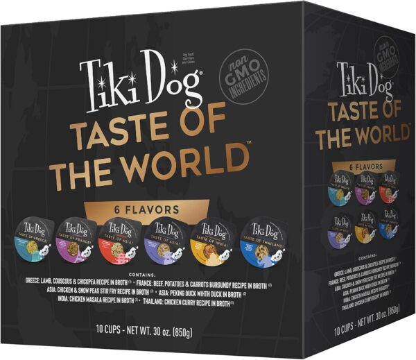 Tiki Dog Taste of The World Whole Food, Variety Pack of Gourmet International Flavors in Broth, Culinary Inspired High Protein and Moisture Rich Superfoods Wet Dog Food, 3 Oz Cups, Pack of 10