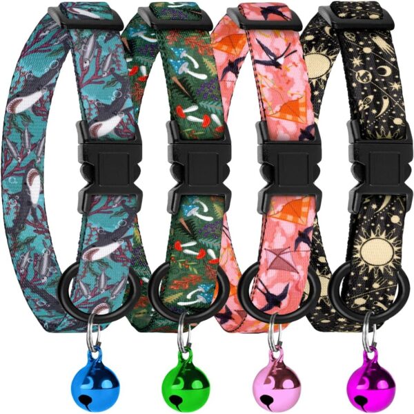 4PCS Breakaway Cat Collars with Bell, Cute Kitty Adjustable Safe Kitten Collars, 4-Pack, Nylon Pet Collars Space Mushrooms Shark Birds Print (Nature)