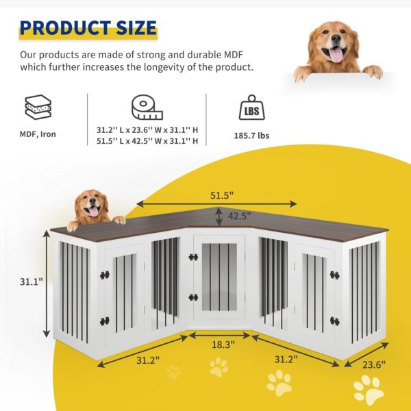 Large Dog Crate Furniture for 3 Dogs, 113'' Corner Dog Crate with Divider, 3 in 1 Wooden Indoor Dog Kennel Furniture, Dog Crate for Small Medium Large Dogs - Image 6