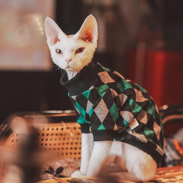 Vintage Mulan Cotton Sphynx Hairless Cats Shirt Cat Turtleneck Pet Clothes Kitten T-Shirts with Sleeves for Sphynx Cornish Rex, Devon Rex, Peterbald (Medium, Rhombus) - Image 3