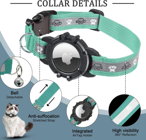 Reflective AirTag Cat Collar, Integrated Cat Tracker Collar with Air Tag Holder and Bell, Safety Elastic Band Cat GPS Collars for Girl Boy Cats, Kittens and Puppies (Green,S) - Image 5