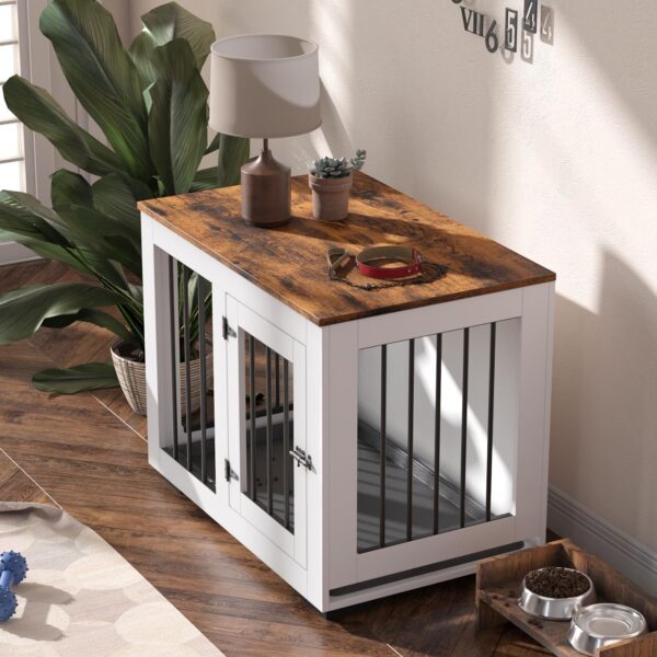 White Dog Crate Furniture for Medium Dogs Up to 40 lbs. - Decorative Puppy Kennel w/Wide Farmhouse Table Top & Steel Bars - 30'' Wide - Modern Dog Crate Table, End Table, Nightstand - Image 2