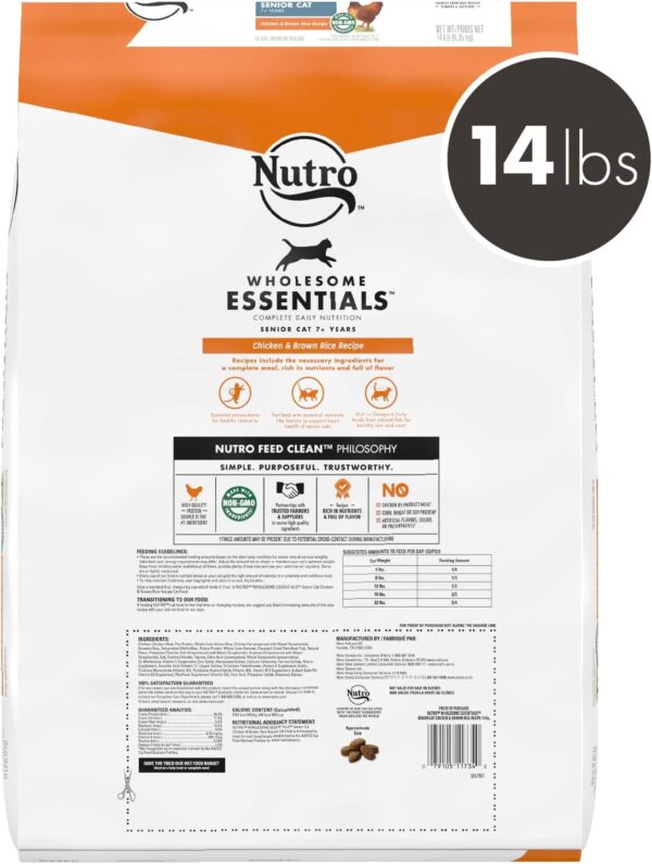 NUTRO WHOLESOME ESSENTIALS Senior Indoor Natural Dry Cat Food for Healthy Weight Farm-Raised Chicken & Brown Rice Recipe, 14 lb. Bag - Image 2