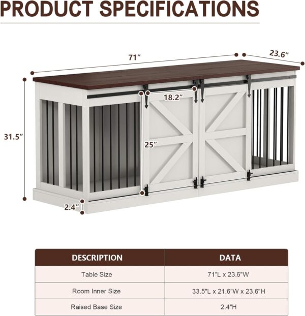 Dog Crate Furniture - Indoor Wooden Dog Kennel with Room Divider and Double Sliding Barn Doors - 71"x23.6"x31.5"H, White - Image 6