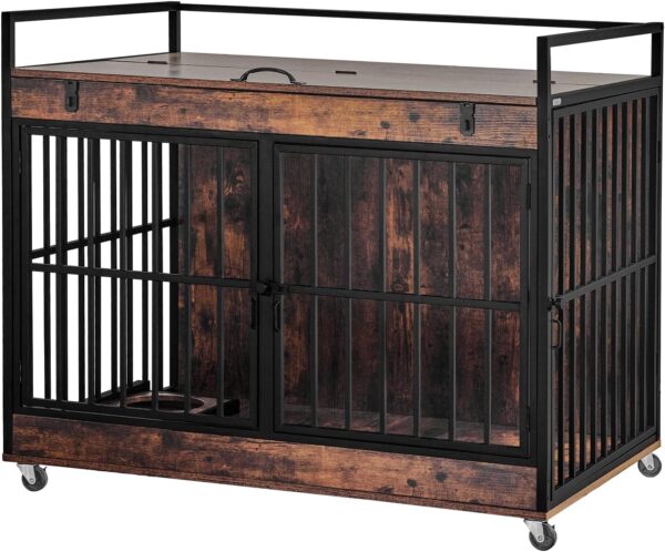 Extra Large Dog Crate Furniture, Dog Crates Furniture for Medium/Large Dogs Indoor, Heavy Duty Dog House with Wheels, Feeder Bowls & Flip Top, Large Dog Crate 43.7" L x 29.9" W x 37.8" H