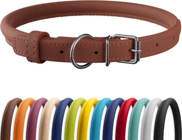 CollarDirect Rolled Leather Dog Collar, Soft Padded Round Puppy Collar, Handmade Genuine Leather Collar Dog Small Large Cat Collars 13 Colors (11-14 Inch, Cinnamon Smooth)