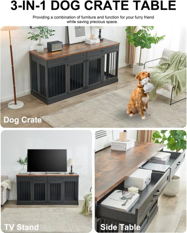 70.9 inches Dog Crate Furniture for 2 Dogs Double Dog Crate Wooden Heavy Duty Dog Kennel Furniture TV Stand with 3 Drawers for Large Medium Dogs Black - Image 6