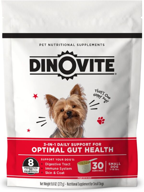 Dinovite Probiotic Supplement for Dogs - Omega 3 for Dogs - Hot Spot Relief - Skin & Coat Supplement for Dogs - 30 Day Supply (30 Day Supply, Small Dogs (1-18 lbs))