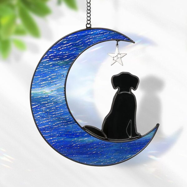 Dog on Moon Suncatchers, Stained Glass Window Hanging Black Dog Ornament Dog Memorial Gifts for Dog Lovers, Stained Glass Dog Decor Suncatchers for Windows Hanging to Remember Loved Dog