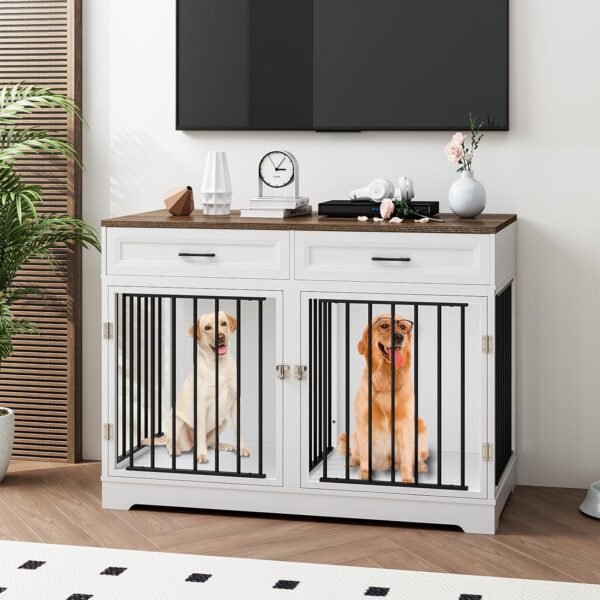 Dog Crate Furniture 47" Wooden Dog Kennels for Dogs Indoor with a Removable Divider for Large/Medium/Small Dogs, 2 Storage Drawers and Large Tabletop Dog Cages Double Doors Dog House, White - Image 8