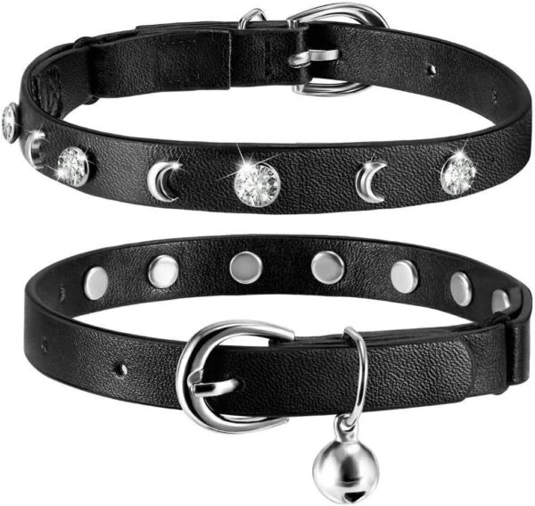 Leather Cat Collars Bell,Cats Safety Collar with Elastic Strap, Adjustable Kitty Collar for Cats, Personalized Moon & Rhinestone 7-10 Inch Length for Cats, Kitten & Puppy (1 Pack Black)