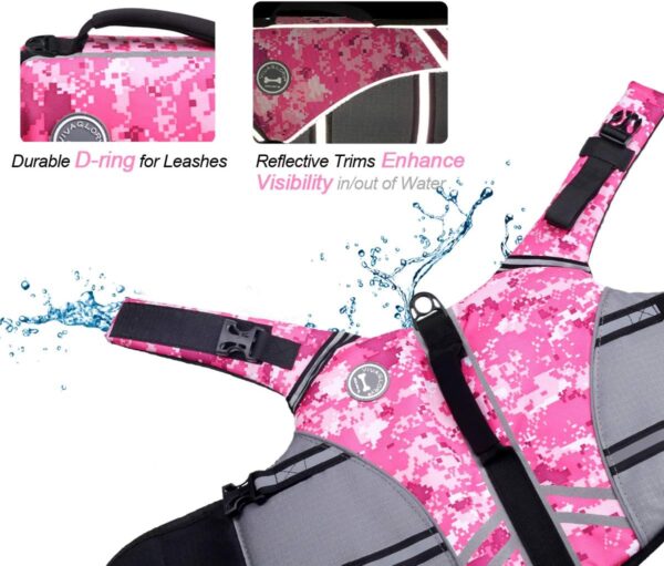 VIVAGLORY Sports Style Dog Life Jacket with Adjustable & Durable, Extra Flotation Swim Life Vest with Secure Fastening System for Large Dogs, Camo Pink - Image 5