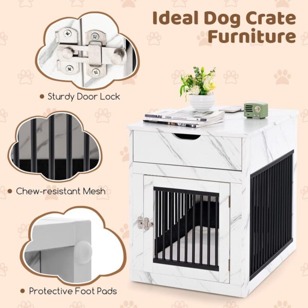 Tangkula Dog Crate Furniture, Decorative Dog Kennel End Table with Storage Drawer, Wired & Wireless Charging, Lockable Indoor Dog House with Cushion, Wooden Pet Cage Nightstand for Small Dogs - Image 8