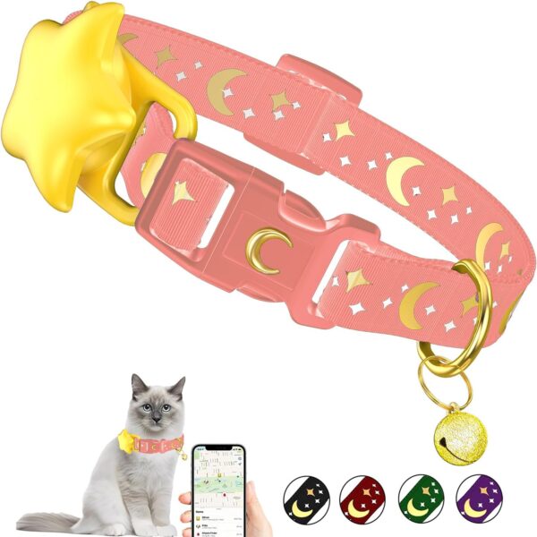 Airtag Cat Collar,Breakaway Kitten Collar with Apple Air Tag Holder and Bells for Boy Girl Cats,Pet Cat Tracker GPS Collar Glow in The Dark,0.6 Inches in Width and Lightweight (Pink, 9-15 Inch)