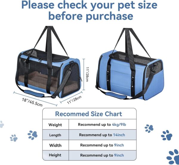 Petsfit 18 x 11 x 11 Airline Approved Pet Carrier, Upgraded Patented Car Buckle Soft Sided Cat Carrier, 4 Side Ventilated with Adjustable Shoulder Straps and Soft Cushion.Blue - Image 2