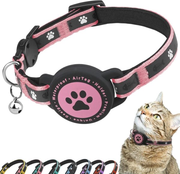 Airtag Cat Collar Breakaway, Reflective Kitten Collar with Air Tag Holder and Bell, Comfortable Padding, Adjustable, Durable, Fits for Girl Boy Cats (Pink,S)