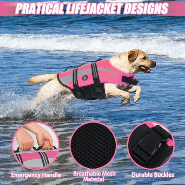 EMUST Life Jacket for Large Dogs, Dog Life Vest for Small/Medium/Large Dogs with Double Rescue Handles, High Reflective Dog Life Preserver for Swimming,Pink, L - Image 4