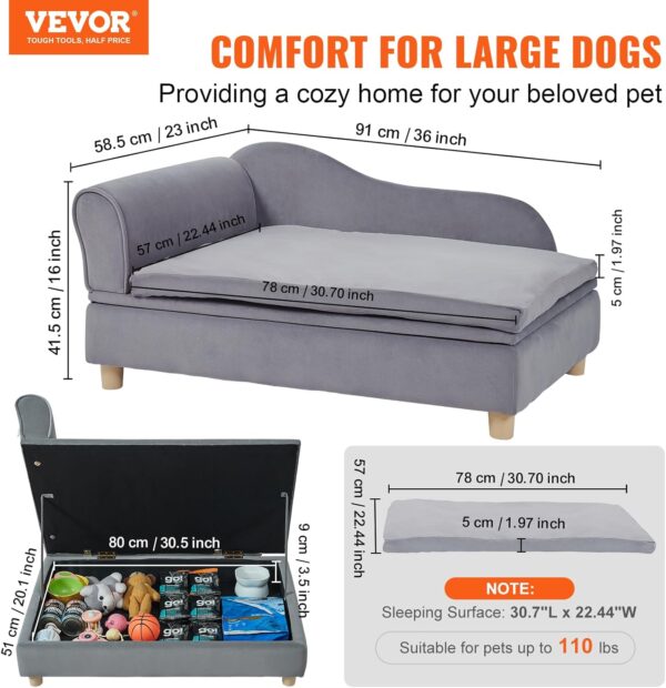 VEVOR Pet Sofa, Dog Couch for Large-Sized Dogs and Cats, Soft Velvety Dog Sofa Bed, 110 lbs Loading Cat Sofa, Grey - Image 2