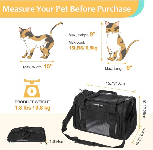 Discala Cat Dog Carrier Up to 15 Lbs TSA Airline Approved Pet Carrier for Small Medium Cats Puppies Dog Carriers for Small Dogs Collapsible Soft Sided Cat Travel Carrier - Black 15.7"x10.2"x10.2" - Image 2