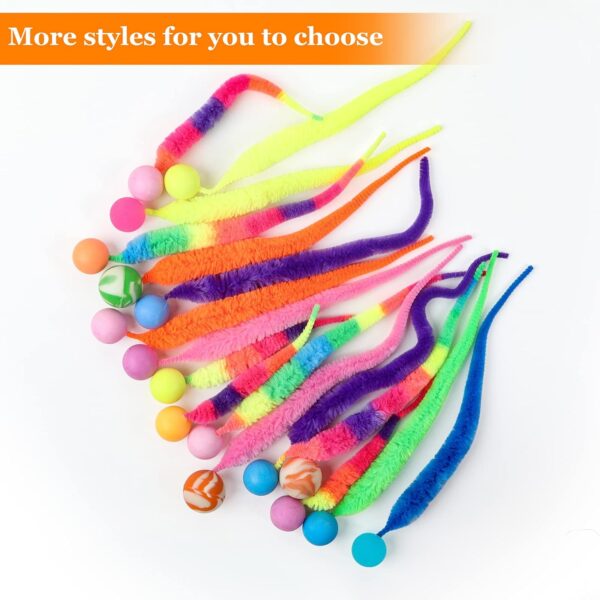 SHENGSEN Mixed Bouncy Ball with Tail Cat Toys-5 Packs,Rainbow Magic Worm with Ball Toy for Cats,Colorful Fuzzy Worm Bouncy Balls Cat Toy - Image 6