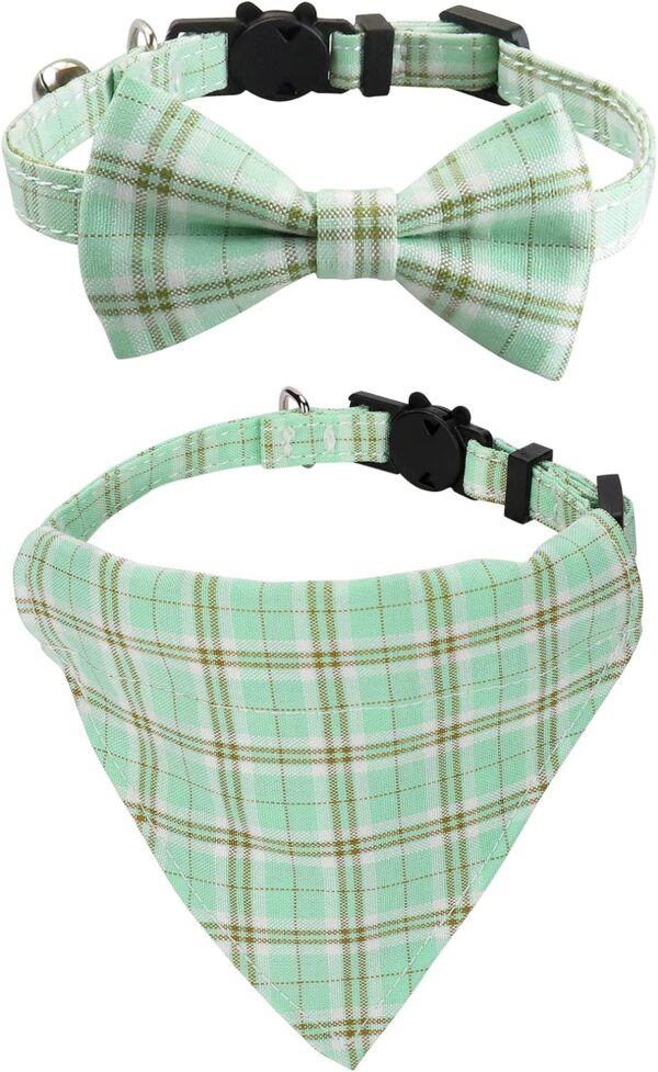 Upgraded Breakaway Cat Collar with Bow Tie and Bell, Cat Collars with Bandana, 2 Pack Adjustable Cute Plaid Cotton Kitten Collar for Male and Female Cats and Small Dogs, Green