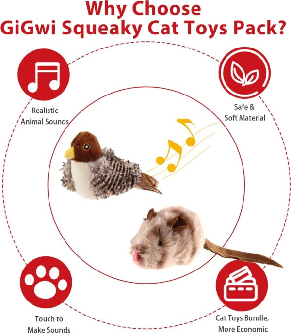 Gigwi Automatic Cat Toys Pack, Interactive Cat Toys Electronic Squeaky Animals Bird and Mouse, Plush Toys for Cats to Play Alone, Play and Squeak Cat Toys for Indoor Cats Boredom, 2 Pcs - Image 3