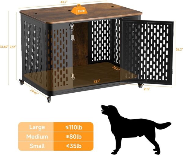 Dog Crate Furniture for Large and Medium Dogs, 43.7 Inch Dog Crate with Cushion & Wheels, Decorative End Table Pet House for Large/Medium/Small Dog, Rustic Brown - Image 7