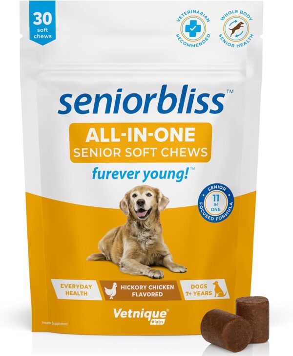 Vetnique Seniorbliss Senior Dog Multivitamin with Glucosamine, Omega 3 Fish Oil, and Probiotics - for Dog Joints, Digestive and Immune Support for Optimal Health (All-in-One Daily Vitamin, 30ct)