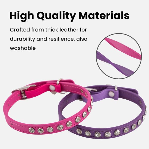 2 Pack Cat Collars with Bells, Rhinestones Leather Cat Collar with Elastic Strap, Kitten Collar, Adjustable Diamond Cat Collar for Girl Boy, 7.5" - 11.5", Rose Red and Purple - Image 4