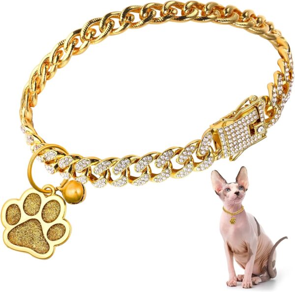 Hillban Cat Collar Diamond Chain Glitter Collar Walking Metal with Secure Buckle Cat Pet Necklace with Paw Charm Link Jewelry Accessories with ID Tag Bell for Small Cat (Gold, 10 Inch)