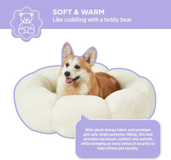 Lesure Calming Large Dog Bed - Flower Donut Round Fluffy Puppy Bed in Plush Teddy Sherpa, Non-Slip Cute Flower Dog Beds, Large Pet Bed Fits up to 100 lbs, Machine Washable, Cream 36" - Image 3