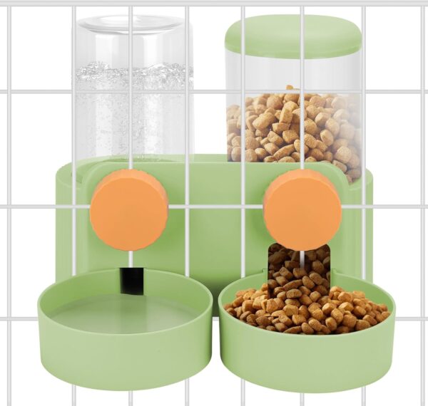 Hanging Automatic Pet Food Bowl Water Dispenser, 1L Auto Gravity Cat Feeder and Waterer Set Kennel Feeding Watering Station Crate Feeder Dish for Rabbit Puppy Cats Ferret (Green)