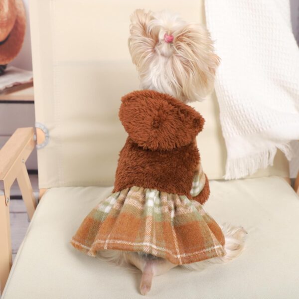 Dog Hoodie Dress Winter Dog Sweaters for Small Dogs Girl Cold Weather Warm Puppy Dresses Pink Plaid Pet Clothes Outfits for Chihuahua Yorkie Teacup Cat Skirt Coat Apparel Clothing (X-Small, Brown) - Image 7