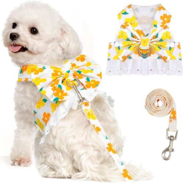 Cute Small Dog Harness and Leash Set No Pull Girl Dog Floral Harness with Bow Tie Soft Mesh Princess Puppy Cats Harness Vest(Yellow,X-Small)