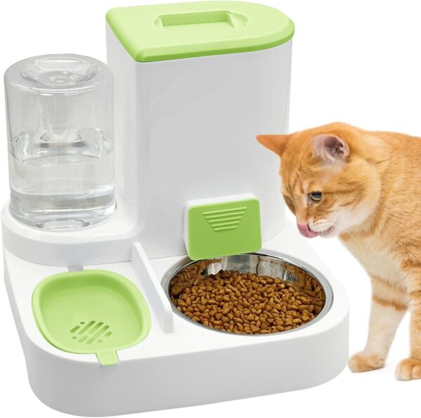 Fhiny Gravity Cat Feeder and Water Dispenser, 2 in 1 Automatic Pet Waterer Detachable Stainless Steel Food Bowls Set Pet Food Storage for Small Dog Puppy Cat Kitten Pet Easy Clean (Green)