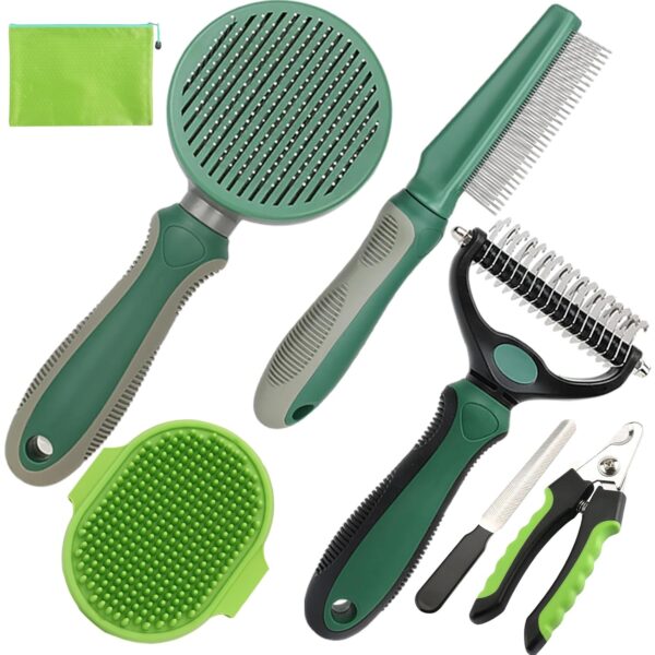 Dog Brush for Shedding,7 PCS Dog Grooming Brush Kit to De-fur,Dog Hair Slicker Deshedding Brush with Undercoat Rake Comb Bath Brush&Nail Clipper for Grooming Short Long Haired Dogs Cats Green