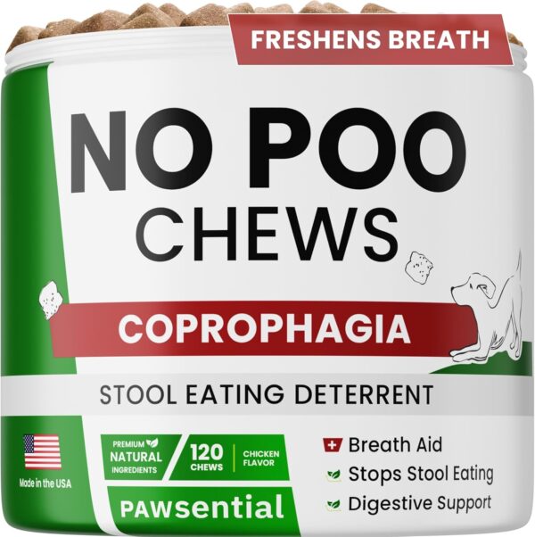 NO Poo Chews for Dogs - Prevent Dog Poop Eating - Coprophagia Treatment - Stool Eating Deterrent - Digestive Health + Breath Aid/Probiotics & Enzymes - Made in USA - 120 Treats