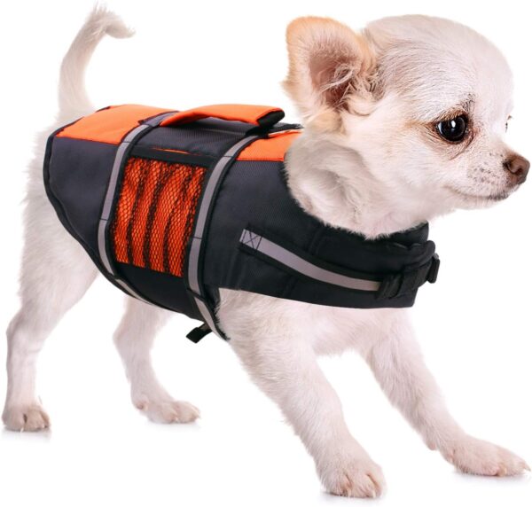 Queenmore Small Dog Life Jacket, Adjustable Pet Life Vest for Small and Medium Dogs with High Buoyancy, Rescue Handle, Reflective Bands for Boating, Canoeing, Swimming