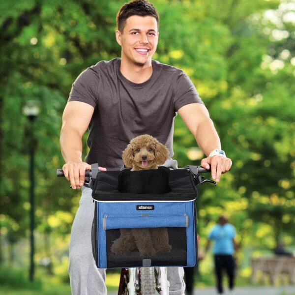 Dog Bike Basket, Soft-Sided Pet Bike Carrier with 4 Mesh Windows for Small Dog Cat Puppies - Blue - Image 7