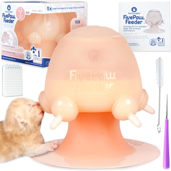 Race&Herd FivePaw Kitten Puppy Feeders for Multiple Puppies of 5 | Puppy Bottles for Nursing Puppy Milk Feeder - Puppy Nipple Feeder Silicone Puppy Feeder with Nipples (12.8 Fl Oz, Natural)