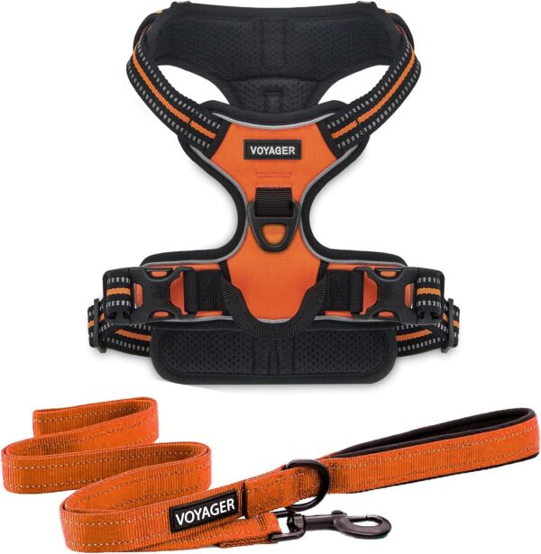 Voyager Dog Harness Dual Leash Attachment No-Pull Control Adjustable Soft but Strong Pet Harness for Medium and Large Dogs with 3M Reflective Technology - Harness Leash Set (Orange), S