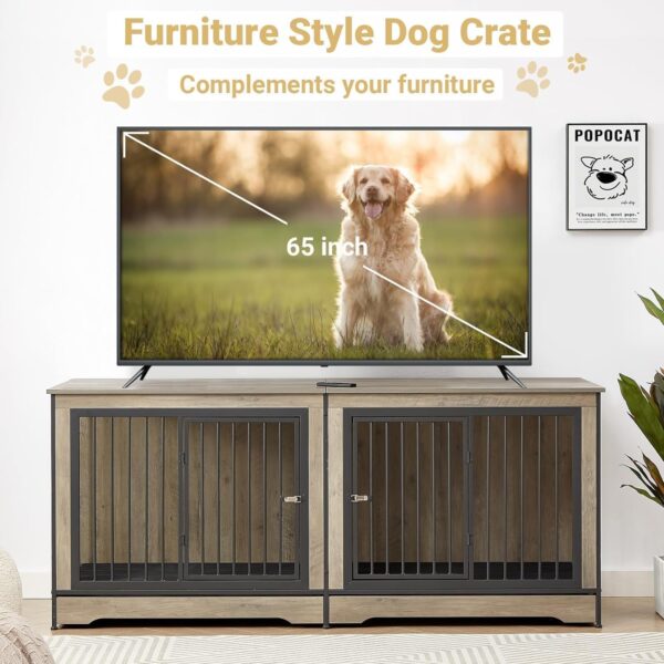 75'' Double Dog Crate Furniture for 2 Large Dogs, Heavy Duty Dog Crate, Furniture Style Dog Crate End Table, Wood Crates for Dogs Kennel Indoor, Decorative Dog Crate with Double Door, Grey - Image 5