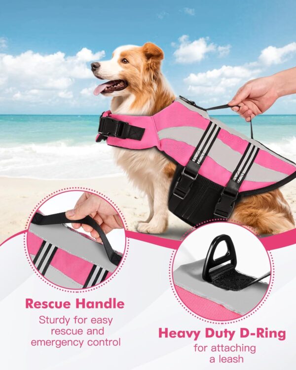 Dog Life Jacket with Reflective Stripes, Adjustable High Visibility Dog Life Vest for Boating, Ripstop Dog Swimming Vest with High Flotation for Small Medium and Large Dogs,Pink,M… - Image 3