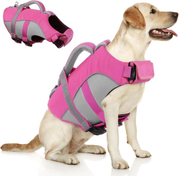 Queenmore Dog Life Vest for Swimming, Adjustable High Visibility Dog Life Jacket, Dog Lifesaver with Superior Buoyancy and Rescue Handle, Dog Swimming Safety Vest for Small Dogs（Pink,S）