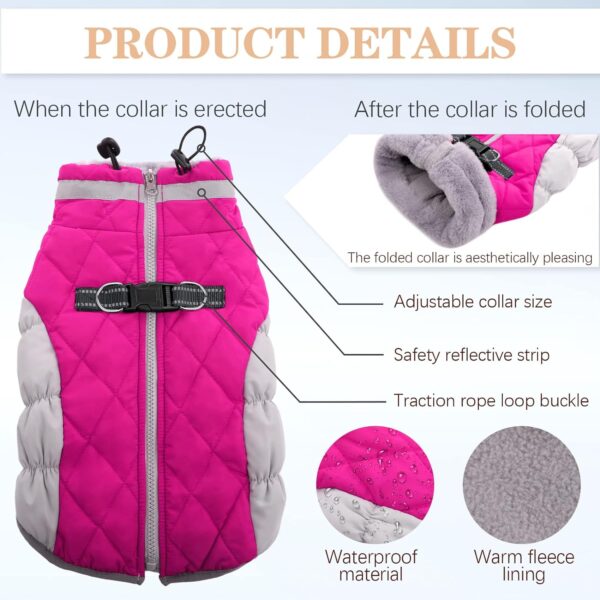 Dog Coat, Fleece Dog Vest with Harness Built in, Dog Cold Weather Coats, Dog Snowsuit Waterproof, Dog Coats for Small Dogs, Dog Winter Jacket Windproof, Dog Puffer Jacket Rose Red S - Image 2