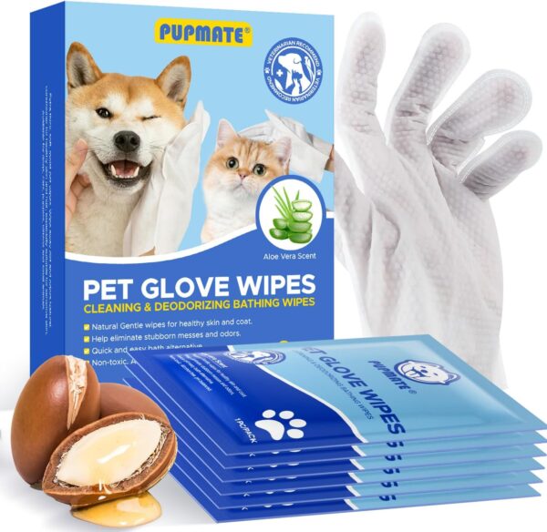 Pet Cleaning glove wipes for Dogs & Cats, Hypoallergenic Deodorizing Disposable No-Rinse Grooming Wipes, Extra Thick Bathing Wipes,Perfect for Pet Dry Cleaning,Daily Care and Travel,6 pcs