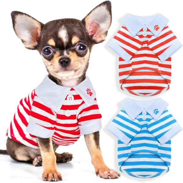 2 Pieces Stripe Dog T-Shirt Teacup Chihuahua Dog Clothes for Small Dogs Boy Yorkie Puppy Clothes XXS Blue+ Red